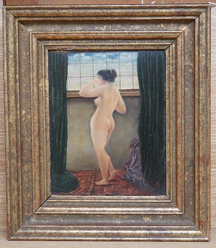 Manner of Frederick Goodall, oil on board, Nude woman at a window, indistinctly monogrammed possibly OF, 21 x 17cm. Condition - good